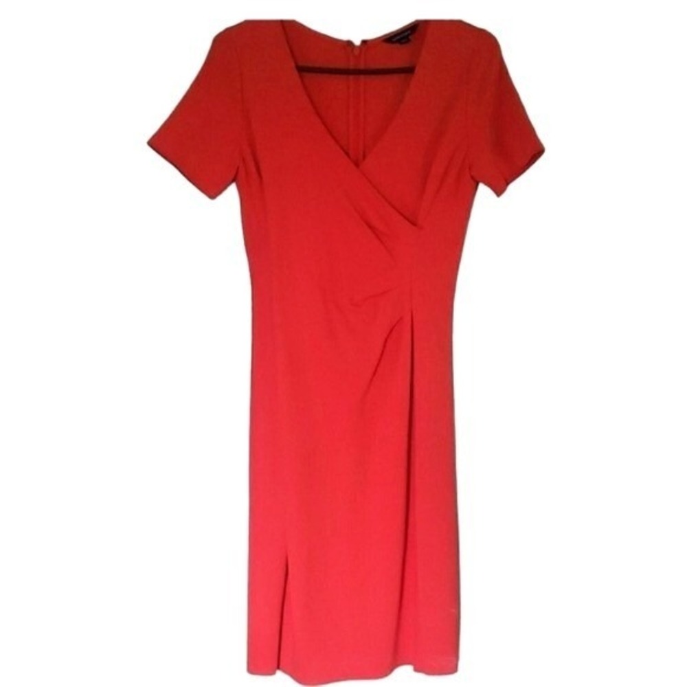 Lands End Red Faux Wrap Sheath Dress Short Sleeve V-Neck 466487 Size 6 Regular